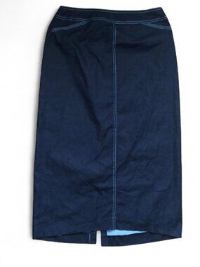 Stretchy navy blue denim maxi skirt with contrast stitching